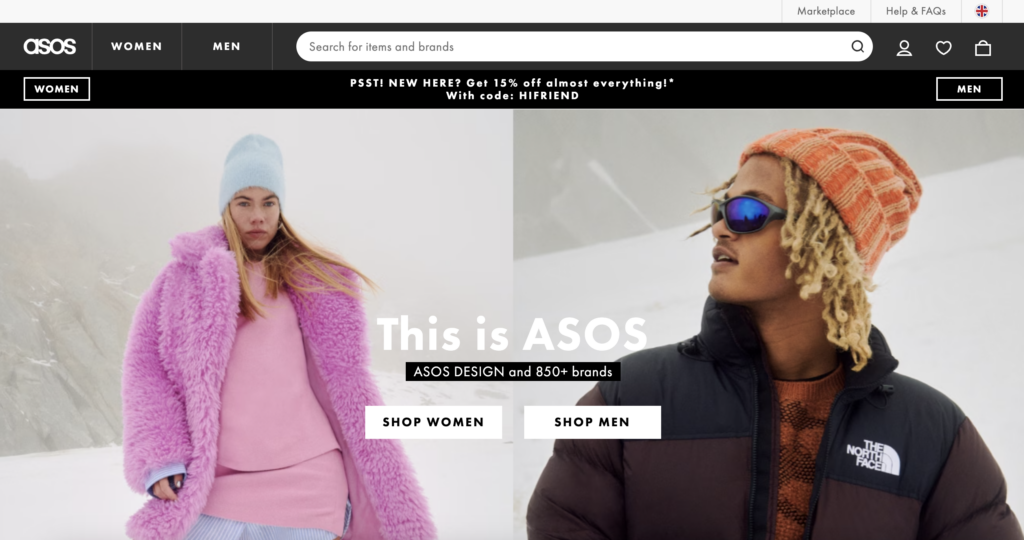A screenshot of ASOS’s landing page. The landing page displays a search bar, content categories, images, and a CTA. 